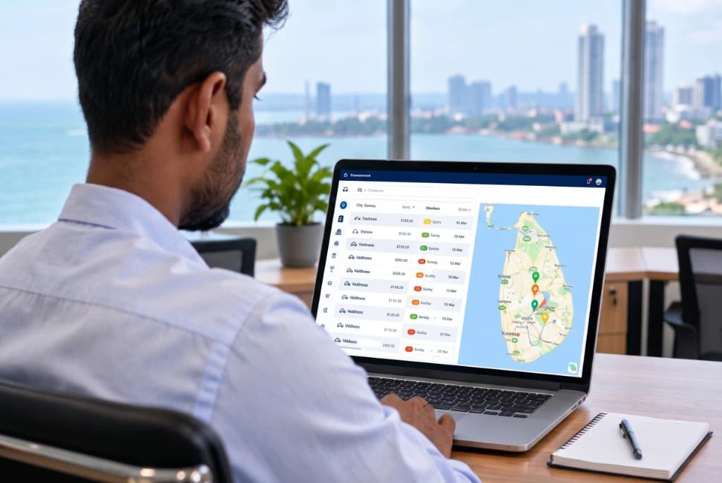 Automotive credit management team reviewing island-wide valuation dashboard on laptop