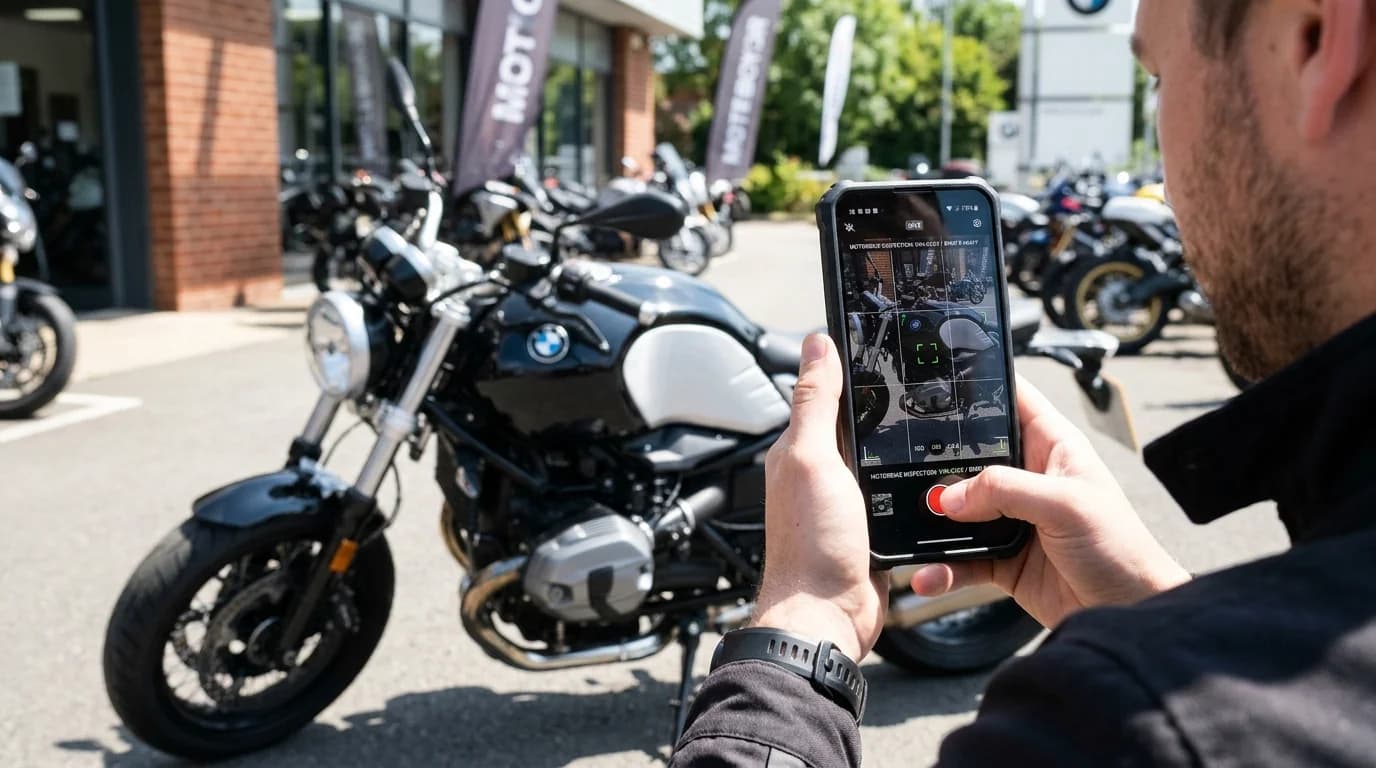 Field valuer using smartphone camera with guided viewfinder to inspect motorbike