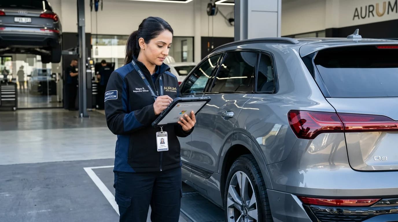 Field inspection officer operating digital valuation tablet beside vehicle