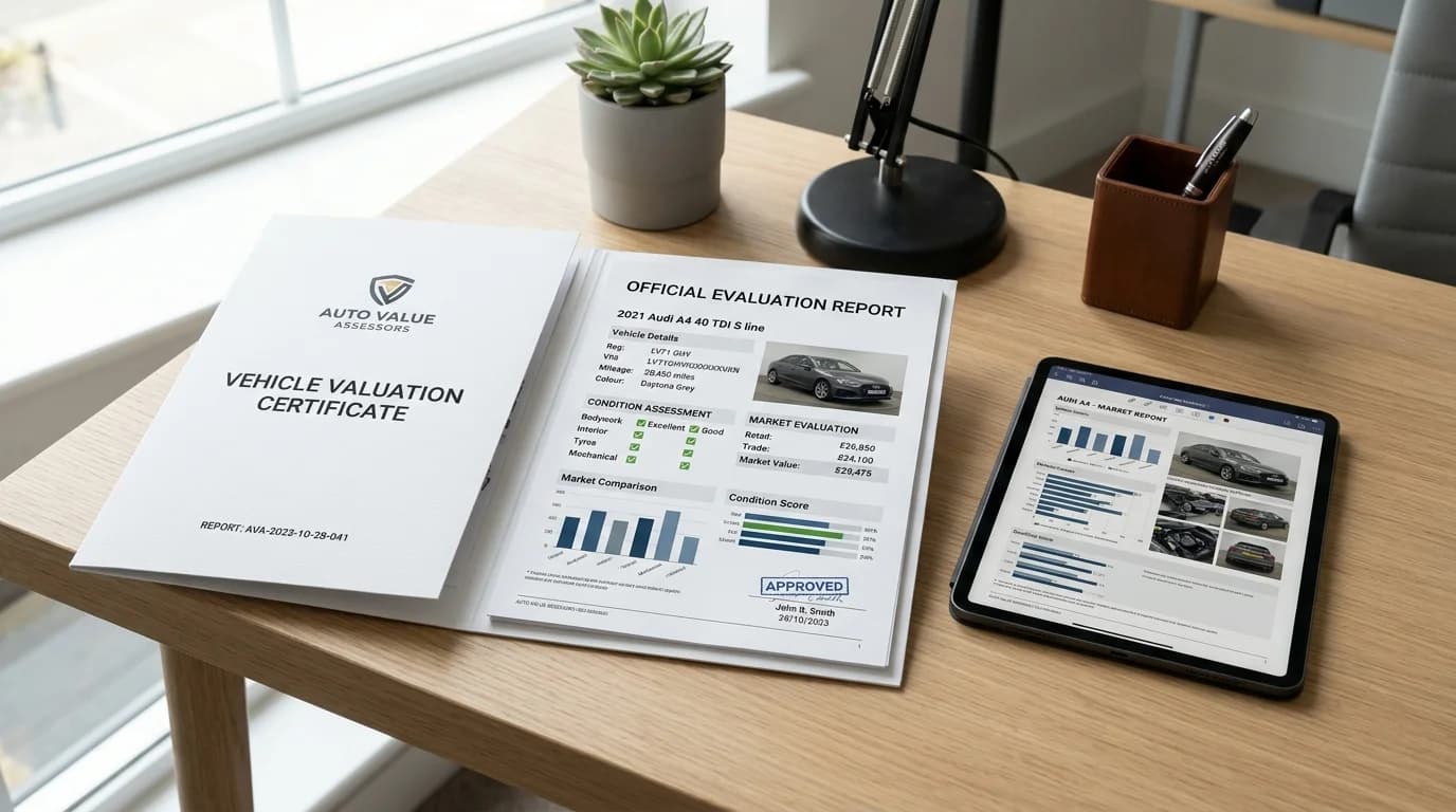 Official vehicle valuation report dossier on modern executive desk